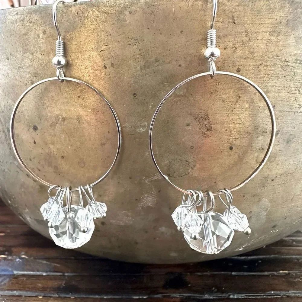 Silver tone round clear bead charm earrings